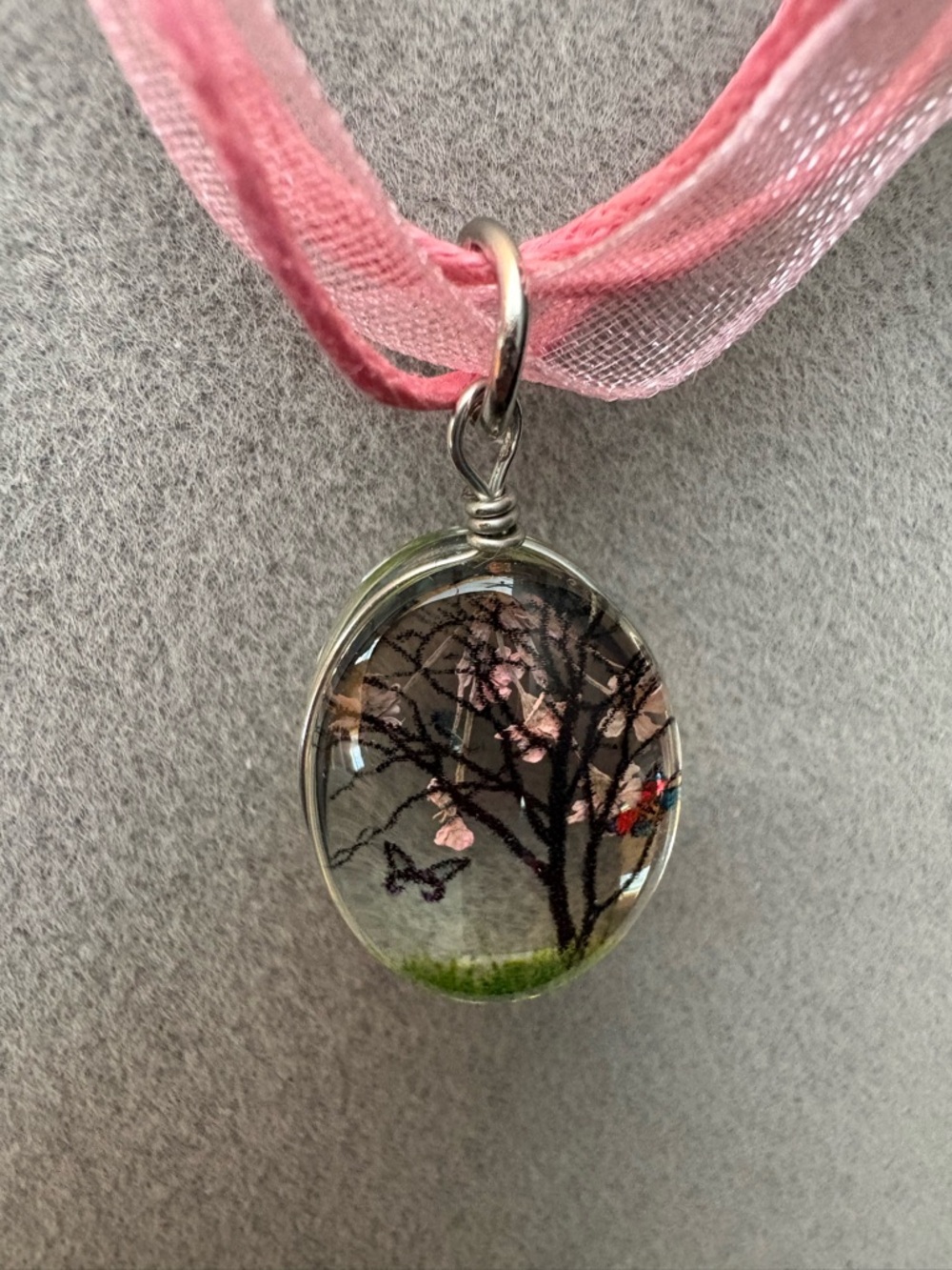 Pink Ribbon & Leather Cords Sakura Tree Glass Pendant Necklace